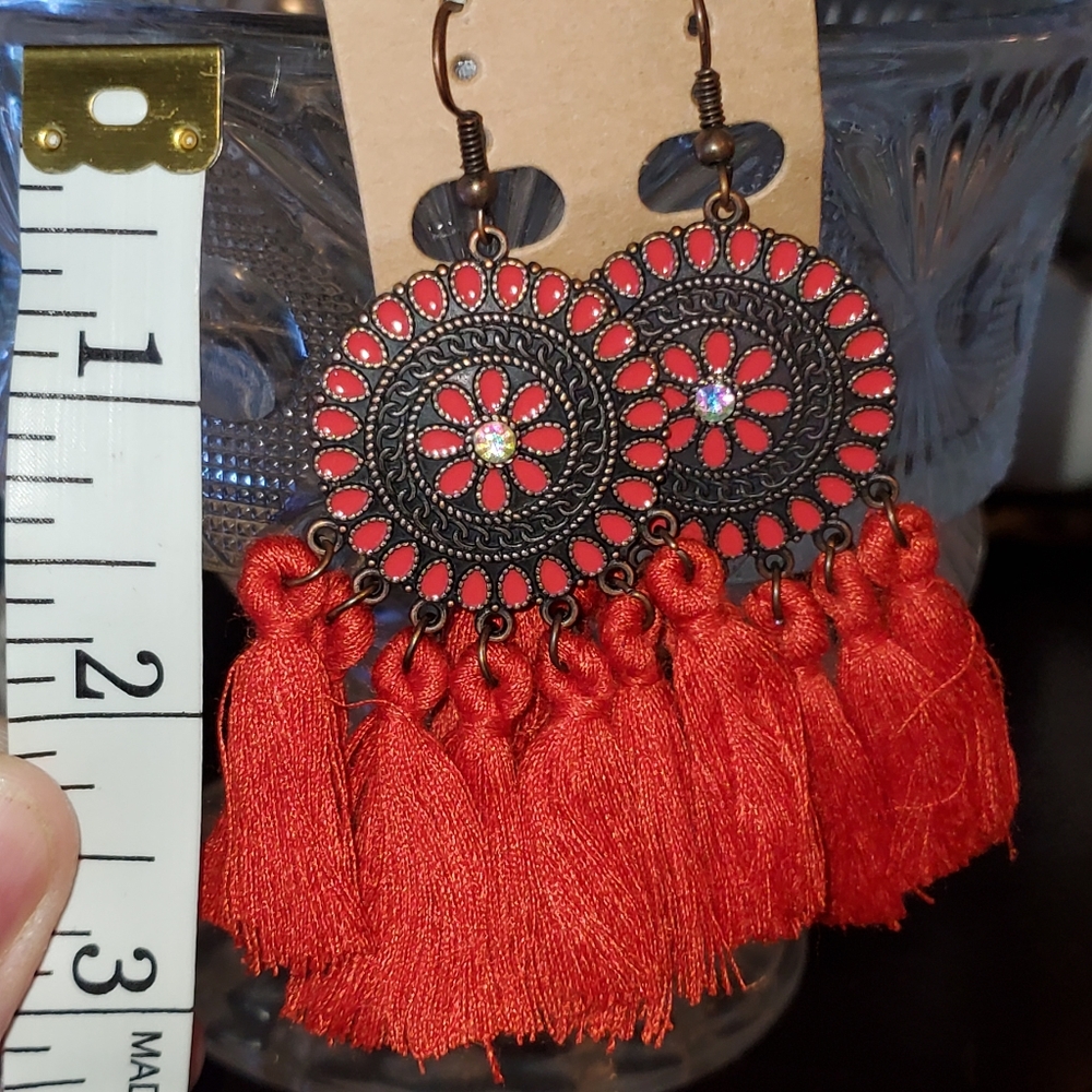 Red threaded bohemian dangle earrings